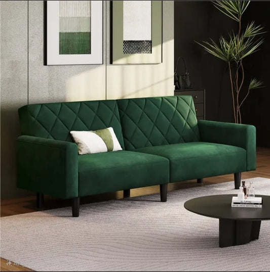Co 3-in-1 Velvet Convertible Futon Sofa Bed Upholstered Futon Couch with Diamond Tufted Design